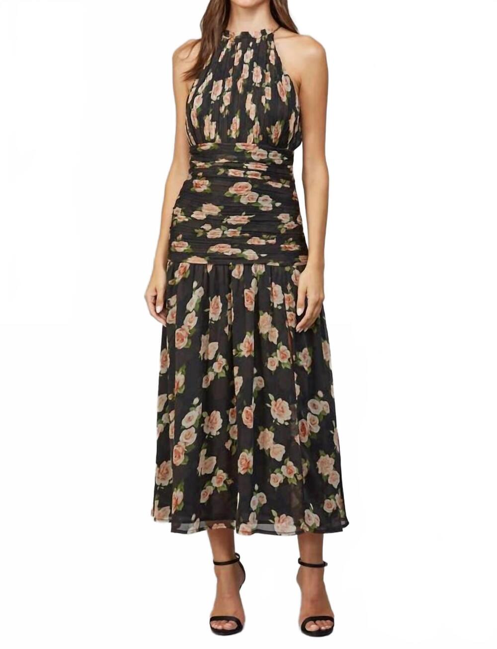 NEW FATE women's rose print ruched detail halter dress in black multi